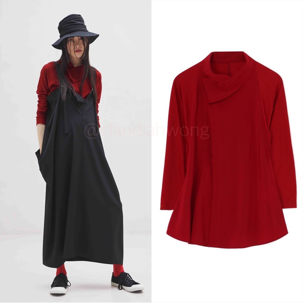 Y’S YOHJI YAMAMOTO Roll Collar Combi Blouse Shirt in Red - Picture 2 of 15